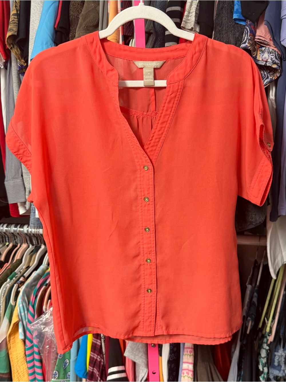 Banana Republic Petite womens size Medium PM Blouse Solid Orange Sheer shirt